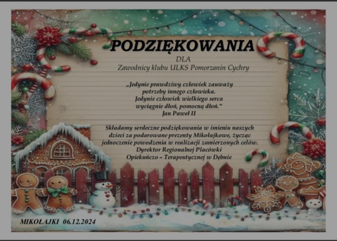 Zdjęcie: Podziękowania ULKS Pomorzanin Cychry